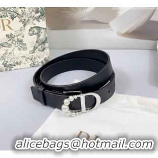 Good Taste Dior Calfskin Leather Belt 3cm with Pearls CD Buckle 0108 Black/Silver 2025