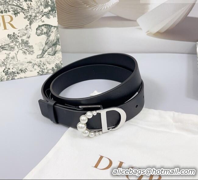 Good Taste Dior Calfskin Leather Belt 3cm with Pearls CD Buckle 0108 Black/Silver 2025