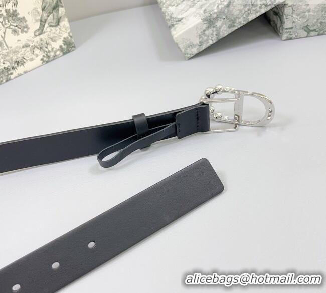 Good Taste Dior Calfskin Leather Belt 3cm with Pearls CD Buckle 0108 Black/Silver 2025