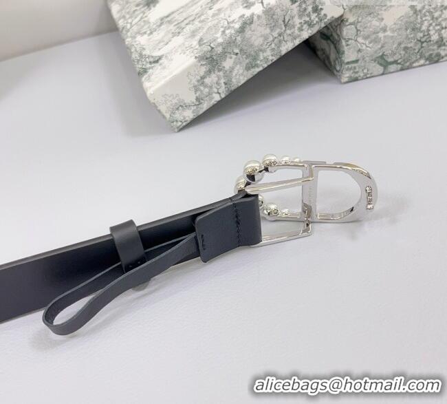 Good Taste Dior Calfskin Leather Belt 3cm with Pearls CD Buckle 0108 Black/Silver 2025