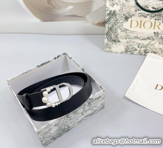 Good Taste Dior Calfskin Leather Belt 3cm with Pearls CD Buckle 0108 Black/Silver 2025