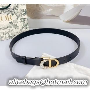 Luxury Discount Dior Calfskin Leather Belt 3cm with Pearls CD Buckle 0108 Black/Gold 2025