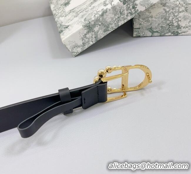 Luxury Discount Dior Calfskin Leather Belt 3cm with Pearls CD Buckle 0108 Black/Gold 2025