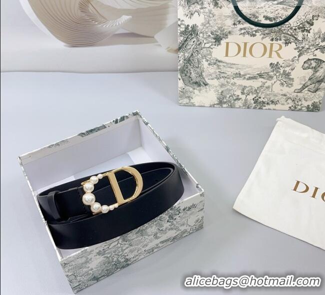 Luxury Discount Dior Calfskin Leather Belt 3cm with Pearls CD Buckle 0108 Black/Gold 2025