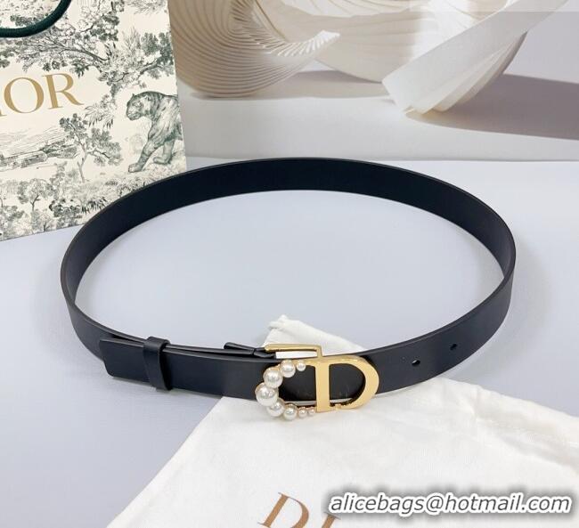 Luxury Discount Dior Calfskin Leather Belt 3cm with Pearls CD Buckle 0108 Black/Gold 2025