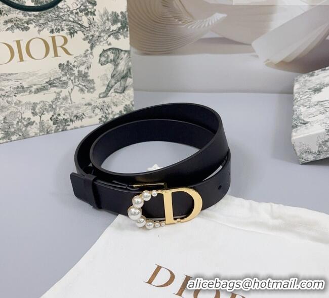 Luxury Discount Dior Calfskin Leather Belt 3cm with Pearls CD Buckle 0108 Black/Gold 2025