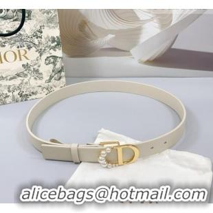 Inexpensive Dior Calfskin Leather Belt 3cm with Pearls CD Buckle Ivory 0108 White/Gold 2025