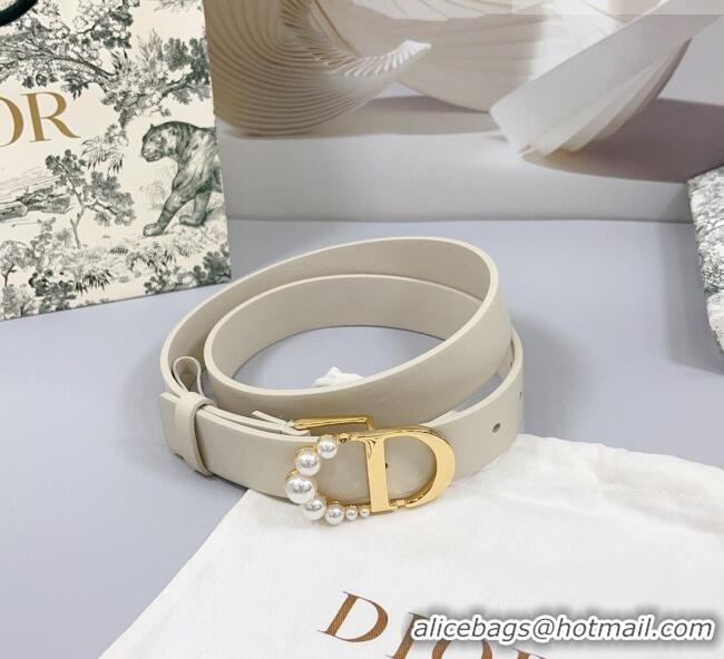 Inexpensive Dior Calfskin Leather Belt 3cm with Pearls CD Buckle Ivory 0108 White/Gold 2025
