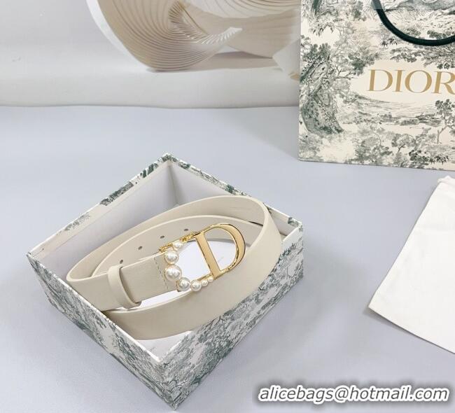 Inexpensive Dior Calfskin Leather Belt 3cm with Pearls CD Buckle Ivory 0108 White/Gold 2025