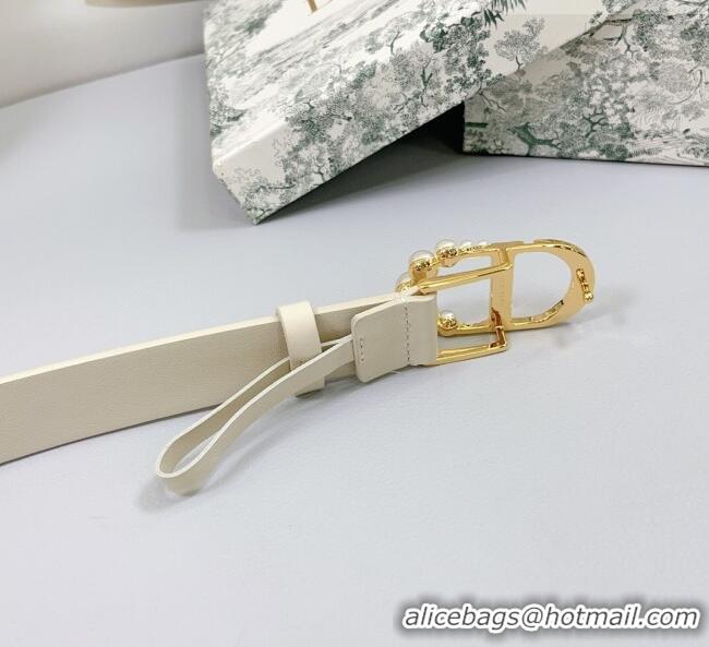 Inexpensive Dior Calfskin Leather Belt 3cm with Pearls CD Buckle Ivory 0108 White/Gold 2025