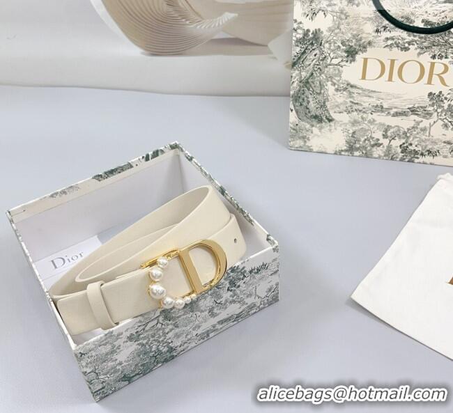 Inexpensive Dior Calfskin Leather Belt 3cm with Pearls CD Buckle Ivory 0108 White/Gold 2025