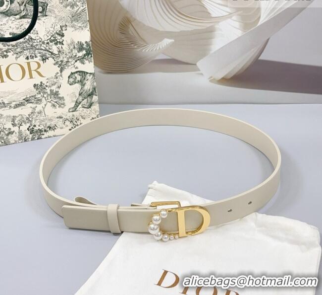 Inexpensive Dior Calfskin Leather Belt 3cm with Pearls CD Buckle Ivory 0108 White/Gold 2025