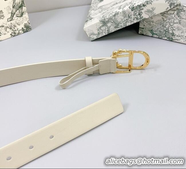 Inexpensive Dior Calfskin Leather Belt 3cm with Pearls CD Buckle Ivory 0108 White/Gold 2025