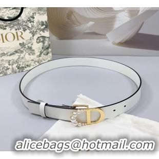 Famous Brand Dior Calfskin Leather Belt 3cm with Pearls CD Buckle 0108 White 2025