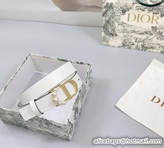 Famous Brand Dior Calfskin Leather Belt 3cm with Pearls CD Buckle 0108 White 2025