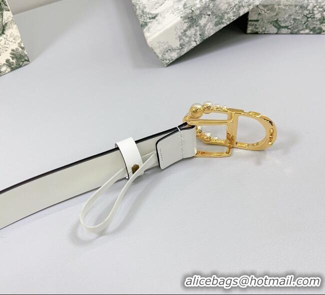 Famous Brand Dior Calfskin Leather Belt 3cm with Pearls CD Buckle 0108 White 2025