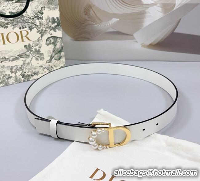 Famous Brand Dior Calfskin Leather Belt 3cm with Pearls CD Buckle 0108 White 2025