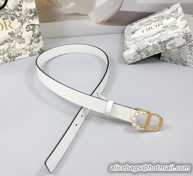 Famous Brand Dior Calfskin Leather Belt 3cm with Pearls CD Buckle 0108 White 2025