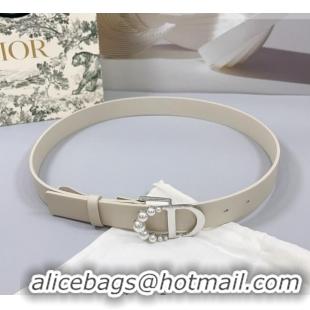 Unique Style Dior Calfskin Leather Belt 3cm with Pearls CD Buckle 0108 Ivory White/Silver 2025