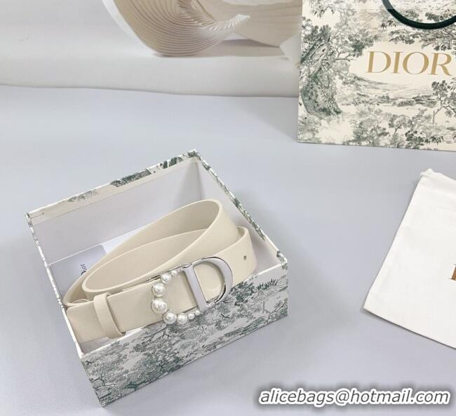 Unique Style Dior Calfskin Leather Belt 3cm with Pearls CD Buckle 0108 Ivory White/Silver 2025