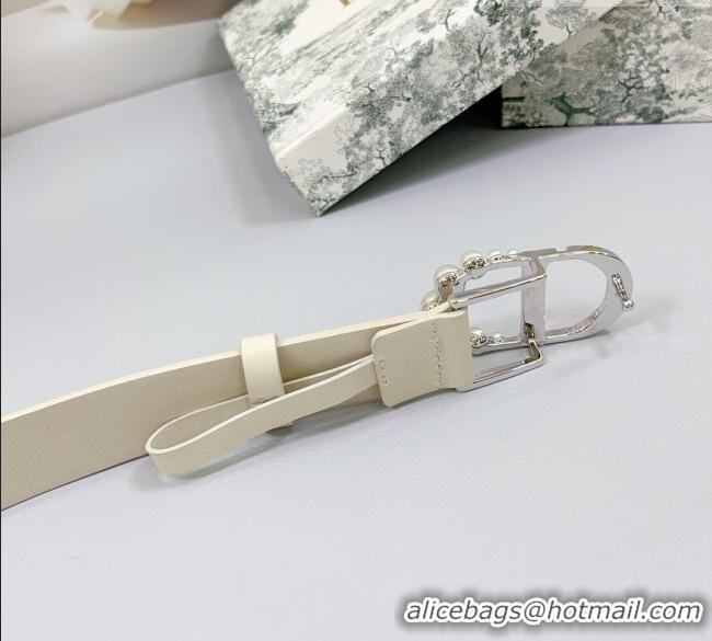 Unique Style Dior Calfskin Leather Belt 3cm with Pearls CD Buckle 0108 Ivory White/Silver 2025