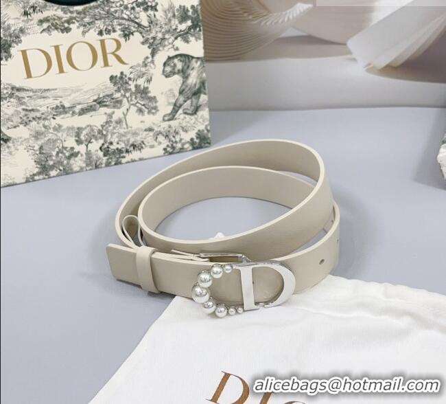 Unique Style Dior Calfskin Leather Belt 3cm with Pearls CD Buckle 0108 Ivory White/Silver 2025