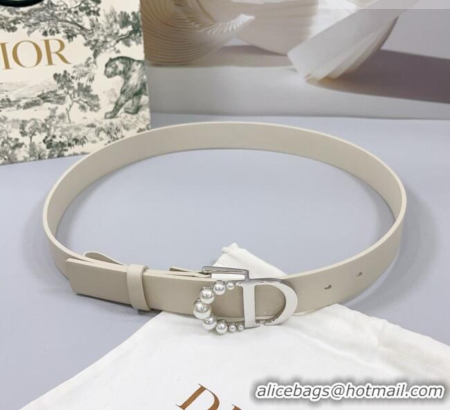 Unique Style Dior Calfskin Leather Belt 3cm with Pearls CD Buckle 0108 Ivory White/Silver 2025