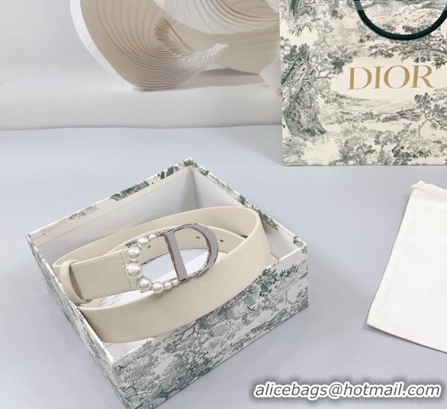 Unique Style Dior Calfskin Leather Belt 3cm with Pearls CD Buckle 0108 Ivory White/Silver 2025