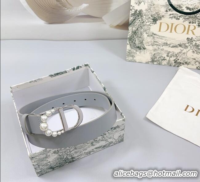 Buy Fashionable Dior Calfskin Leather Belt 3cm with Pearls CD Buckle 0108 Grey 2025