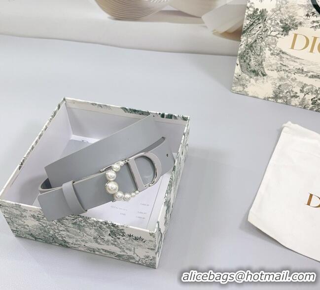 Buy Fashionable Dior Calfskin Leather Belt 3cm with Pearls CD Buckle 0108 Grey 2025