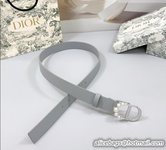 Buy Fashionable Dior Calfskin Leather Belt 3cm with Pearls CD Buckle 0108 Grey 2025