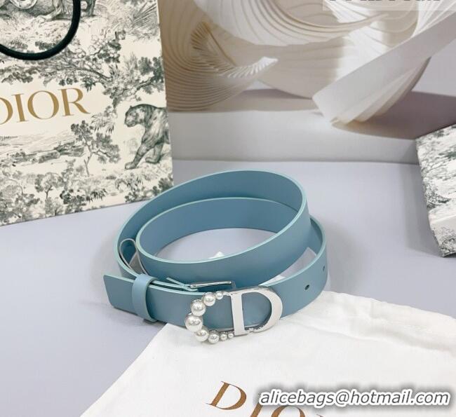 Well Crafted Dior Calfskin Leather Belt 3cm with Pearls CD Buckle 0108 Light Blue 2025