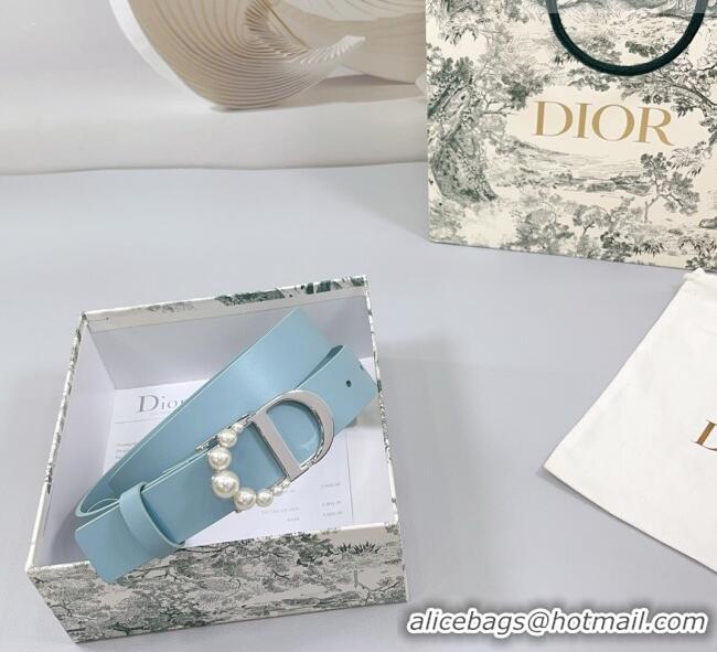 Well Crafted Dior Calfskin Leather Belt 3cm with Pearls CD Buckle 0108 Light Blue 2025
