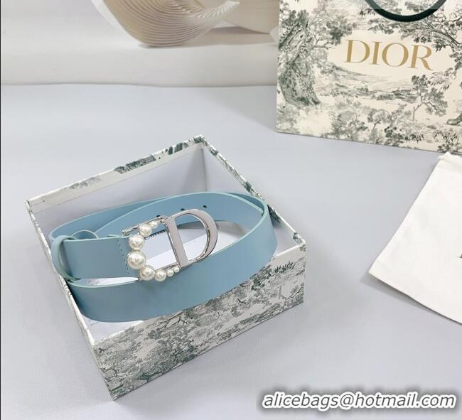 Well Crafted Dior Calfskin Leather Belt 3cm with Pearls CD Buckle 0108 Light Blue 2025