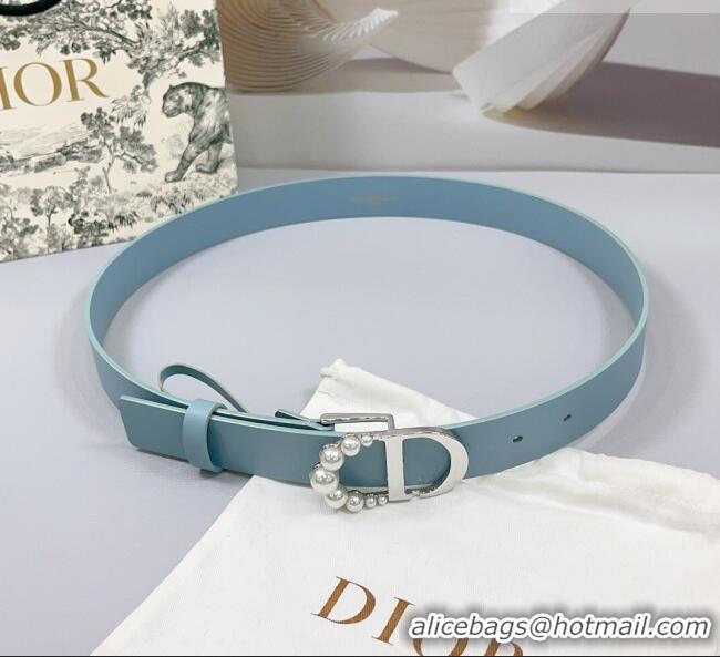 Well Crafted Dior Calfskin Leather Belt 3cm with Pearls CD Buckle 0108 Light Blue 2025