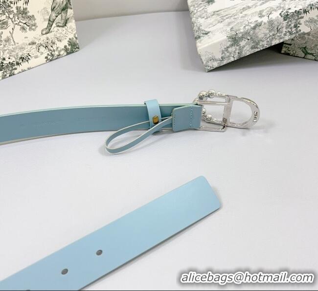 Well Crafted Dior Calfskin Leather Belt 3cm with Pearls CD Buckle 0108 Light Blue 2025