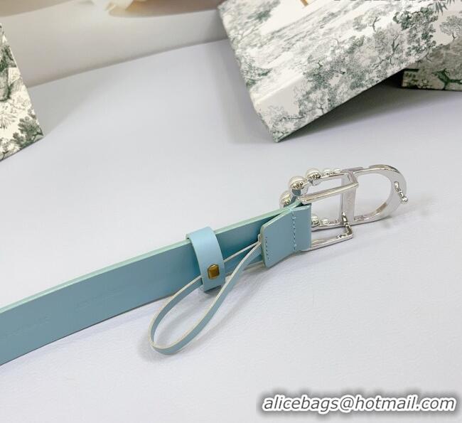 Well Crafted Dior Calfskin Leather Belt 3cm with Pearls CD Buckle 0108 Light Blue 2025