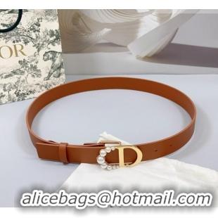 Trendy Design Dior Calfskin Leather Belt 3cm with Pearls CD Buckle 0108 Brown 2025
