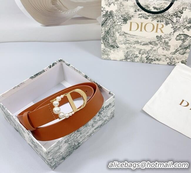 Trendy Design Dior Calfskin Leather Belt 3cm with Pearls CD Buckle 0108 Brown 2025