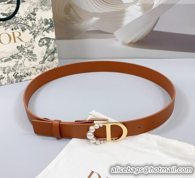 Trendy Design Dior Calfskin Leather Belt 3cm with Pearls CD Buckle 0108 Brown 2025