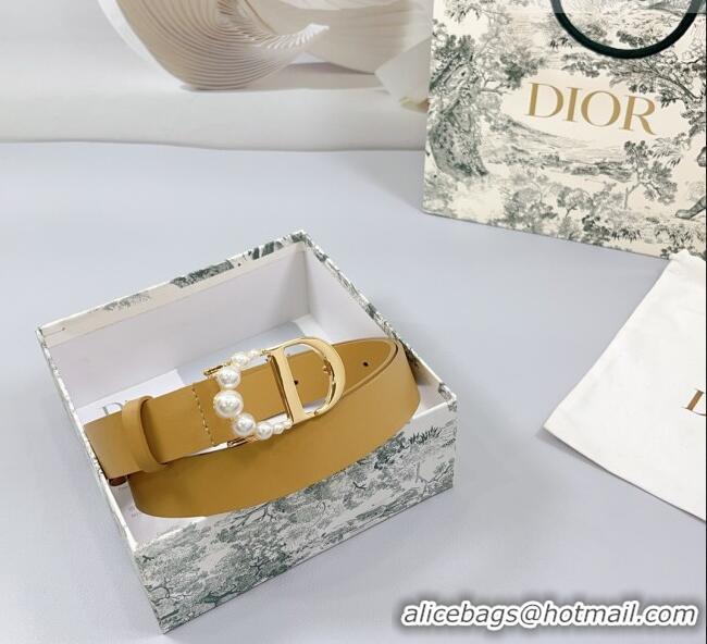 Reasonable Price Dior Calfskin Leather Belt 3cm with Pearls CD Buckle 0108 Apricot 2025