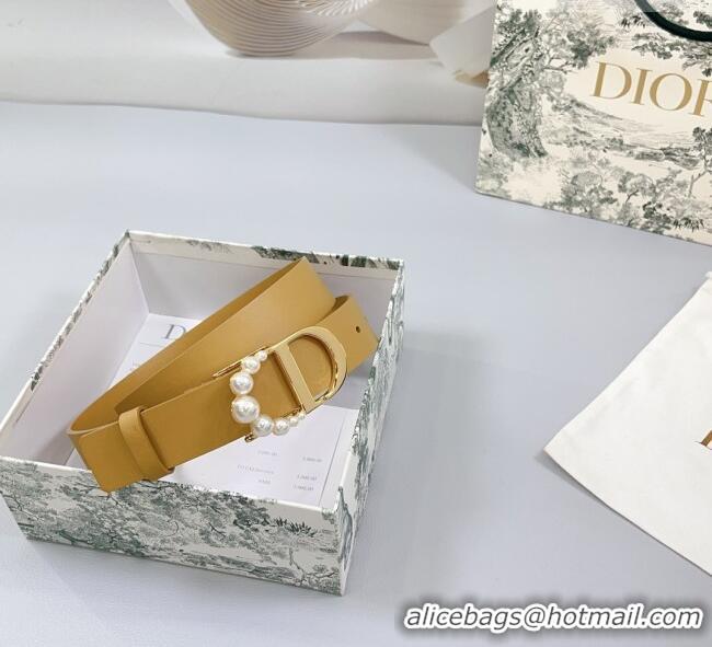 Reasonable Price Dior Calfskin Leather Belt 3cm with Pearls CD Buckle 0108 Apricot 2025