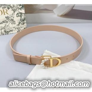 Top Design Dior Calfskin Leather Belt 3cm with Pearls CD Buckle 0108 Light Pink 2025