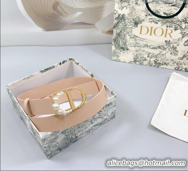 Top Design Dior Calfskin Leather Belt 3cm with Pearls CD Buckle 0108 Light Pink 2025