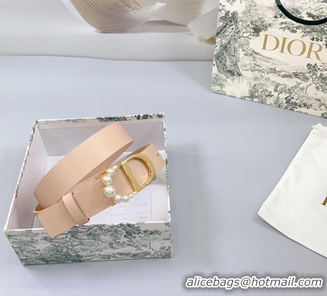 Top Design Dior Calfskin Leather Belt 3cm with Pearls CD Buckle 0108 Light Pink 2025