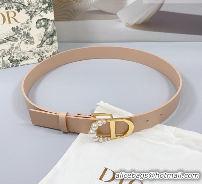 Top Design Dior Calfskin Leather Belt 3cm with Pearls CD Buckle 0108 Light Pink 2025