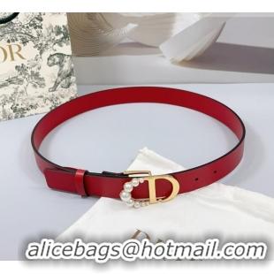 Good Product Dior Calfskin Leather Belt 3cm with Pearls CD Buckle 0108 Red 2025