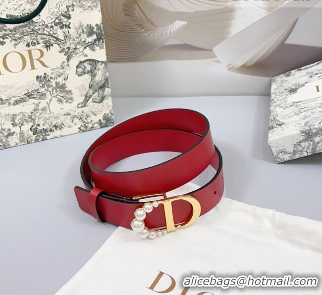 Good Product Dior Calfskin Leather Belt 3cm with Pearls CD Buckle 0108 Red 2025