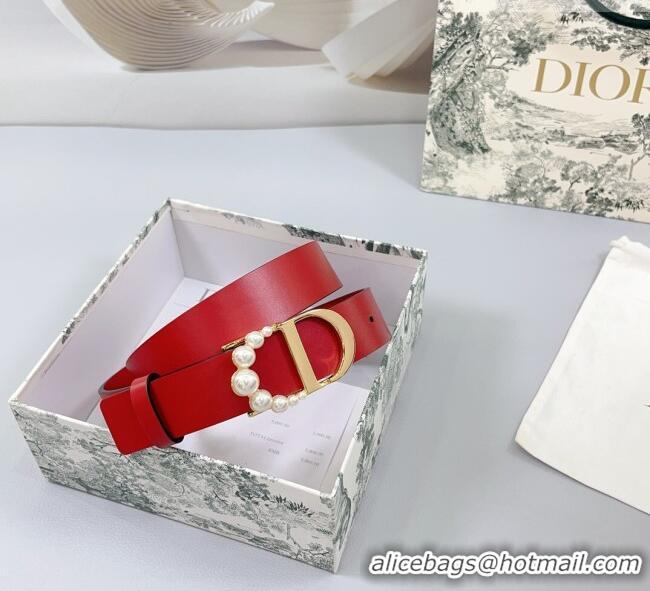 Good Product Dior Calfskin Leather Belt 3cm with Pearls CD Buckle 0108 Red 2025