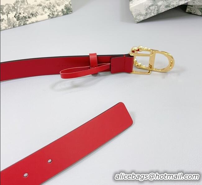 Good Product Dior Calfskin Leather Belt 3cm with Pearls CD Buckle 0108 Red 2025
